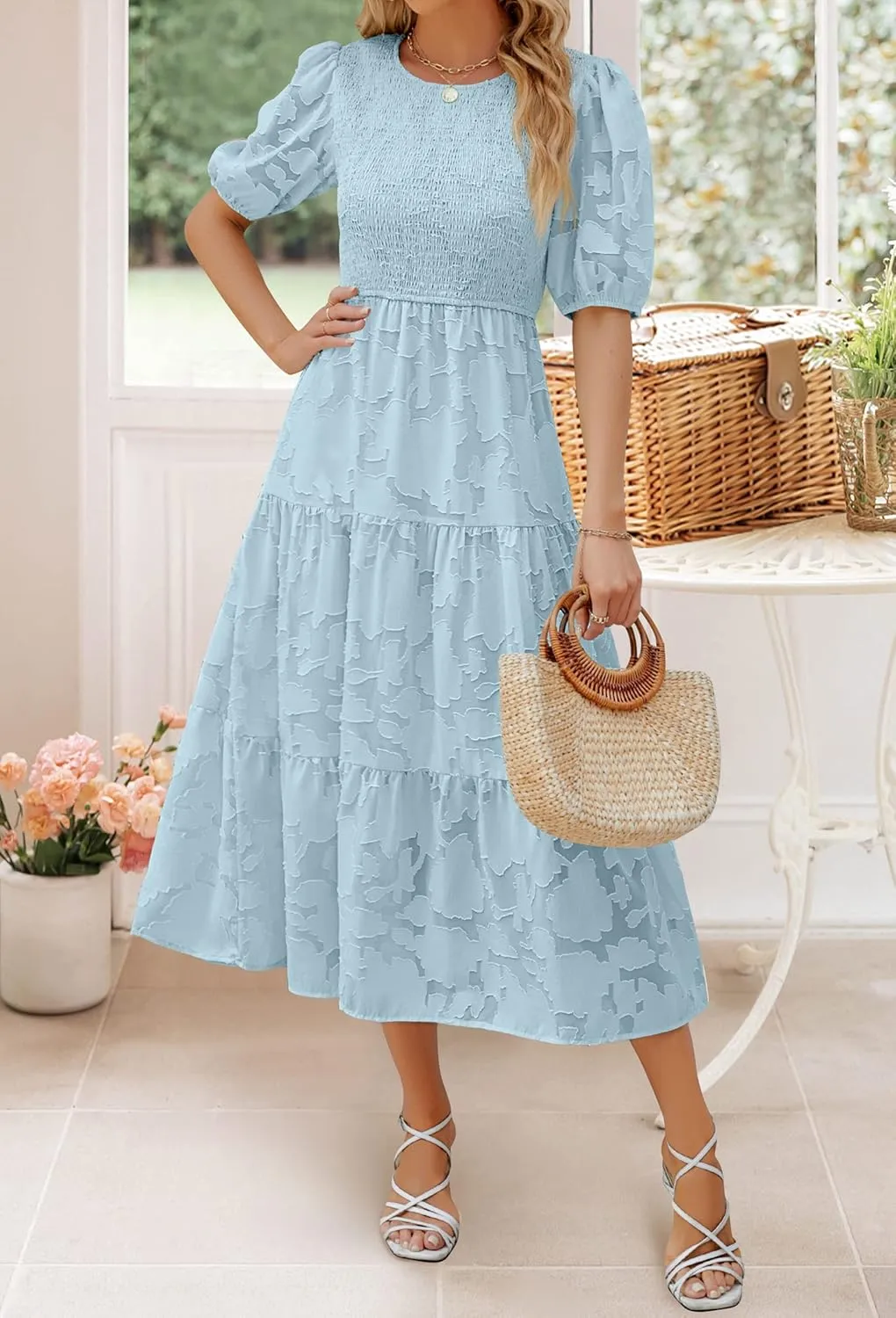 ZESICA Women's 2025 Summer Short Puff Sleeve Crewneck Smocked Floral Lace Flowy A Line Tiered Maxi Dresses
