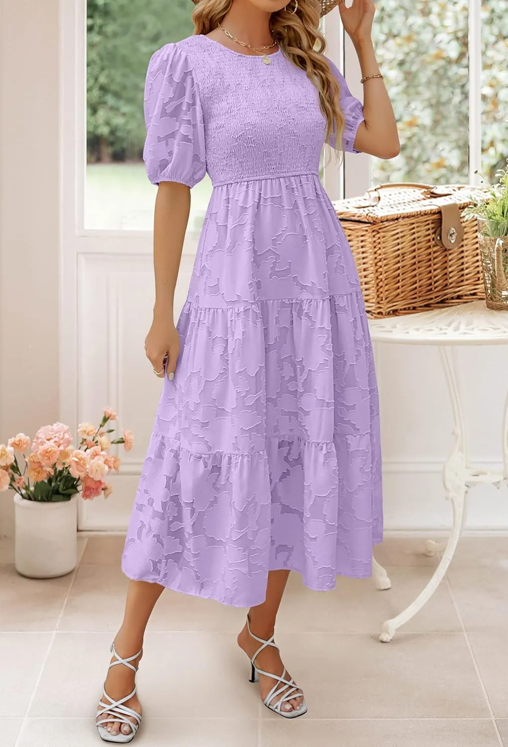 ZESICA Women's 2025 Summer Short Puff Sleeve Crewneck Smocked Floral Lace Flowy A Line Tiered Maxi Dresses