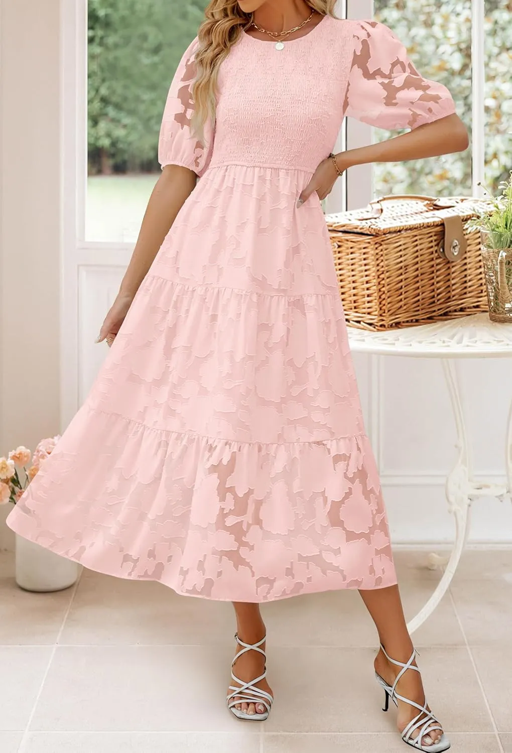 ZESICA Women's 2025 Summer Short Puff Sleeve Crewneck Smocked Floral Lace Flowy A Line Tiered Maxi Dresses