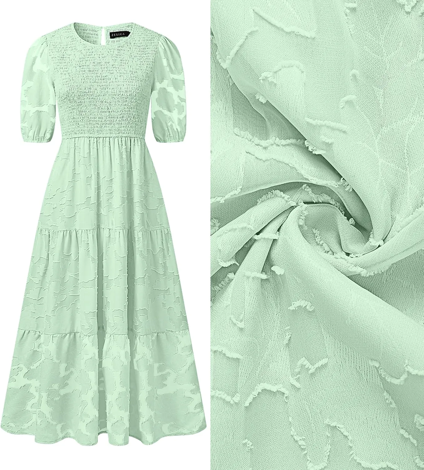 ZESICA Women's 2025 Summer Short Puff Sleeve Crewneck Smocked Floral Lace Flowy A Line Tiered Maxi Dresses