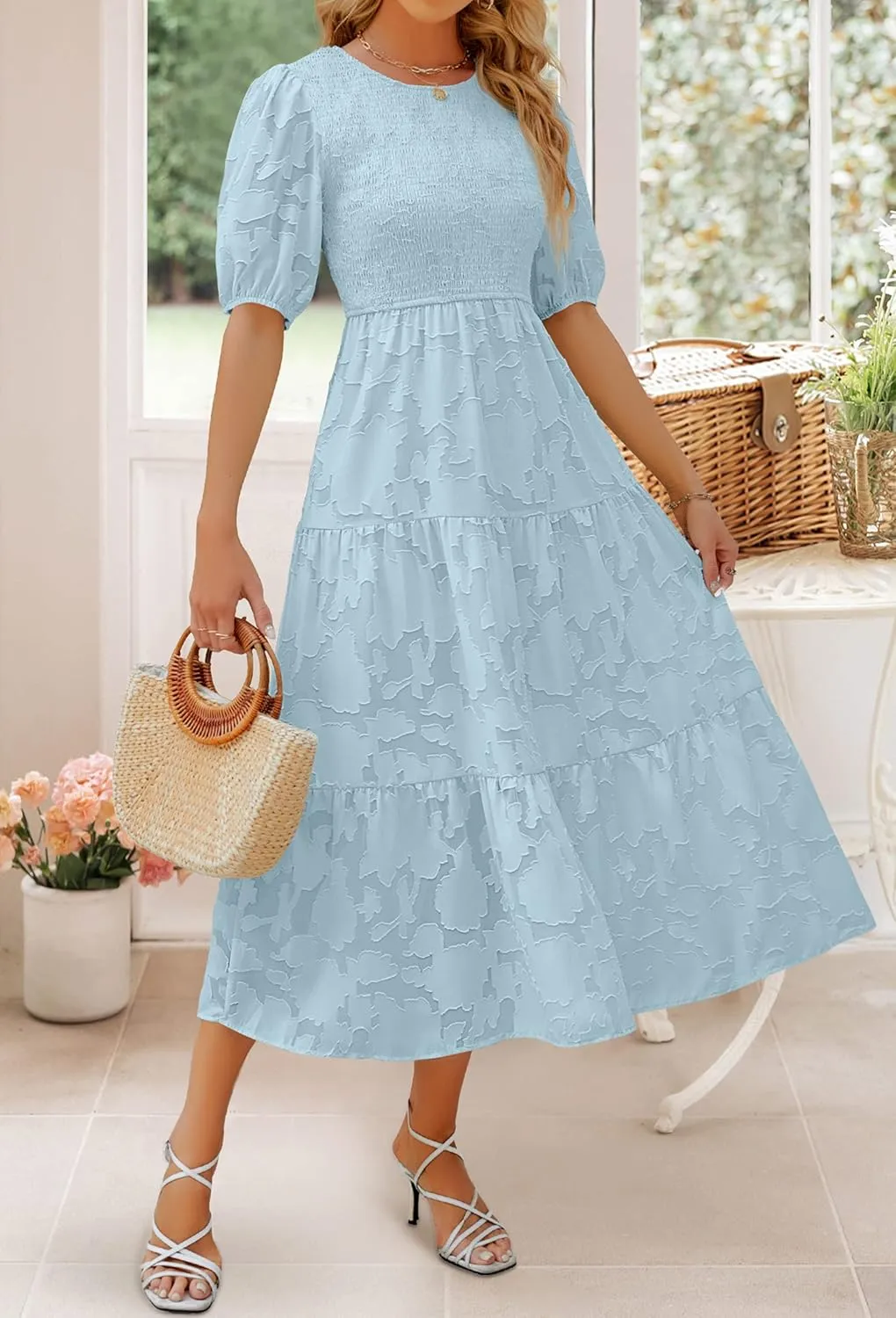ZESICA Women's 2025 Summer Short Puff Sleeve Crewneck Smocked Floral Lace Flowy A Line Tiered Maxi Dresses