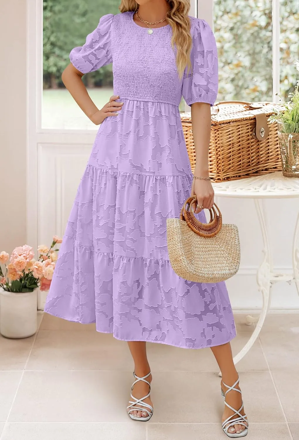 ZESICA Women's 2025 Summer Short Puff Sleeve Crewneck Smocked Floral Lace Flowy A Line Tiered Maxi Dresses