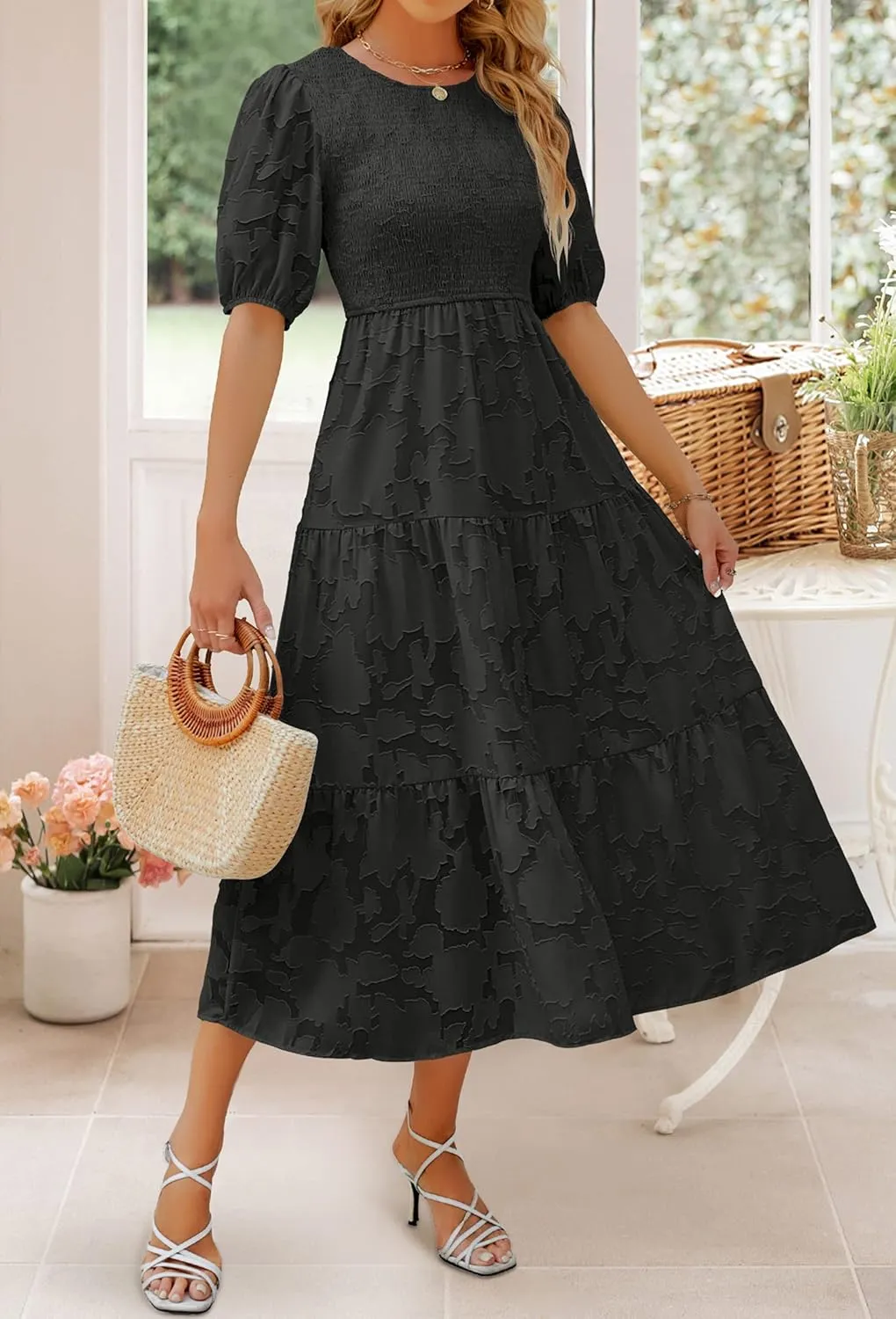 ZESICA Women's 2025 Summer Short Puff Sleeve Crewneck Smocked Floral Lace Flowy A Line Tiered Maxi Dresses