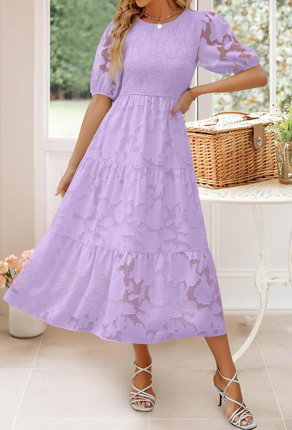 ZESICA Women's 2025 Summer Short Puff Sleeve Crewneck Smocked Floral Lace Flowy A Line Tiered Maxi Dresses