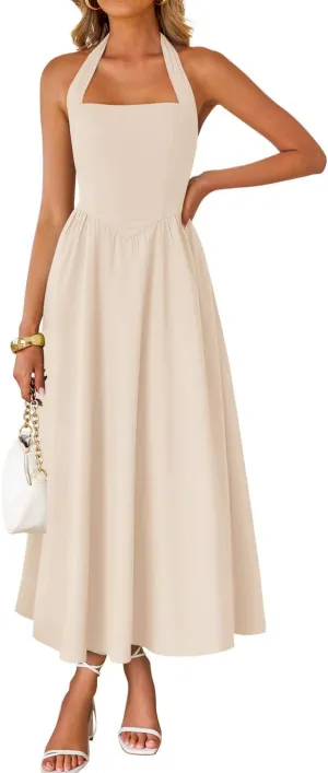ZESICA Women's Summer Sleeveless Halter Midi Dress 2025 Off Shoulder High Waist Swing Flowy Beach Long Dresses