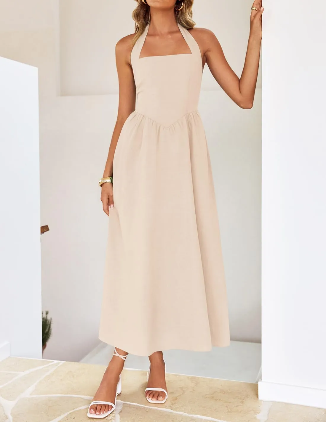 ZESICA Women's Summer Sleeveless Halter Midi Dress 2025 Off Shoulder High Waist Swing Flowy Beach Long Dresses