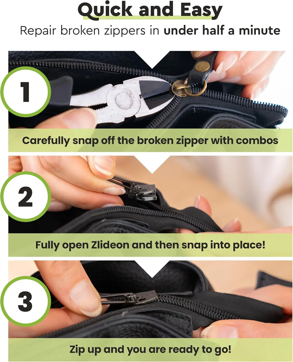 ZlideOn Zipper Pull Replacement - 7pcs, Black, Large - Instant Zipper Replacement Slider Multipack