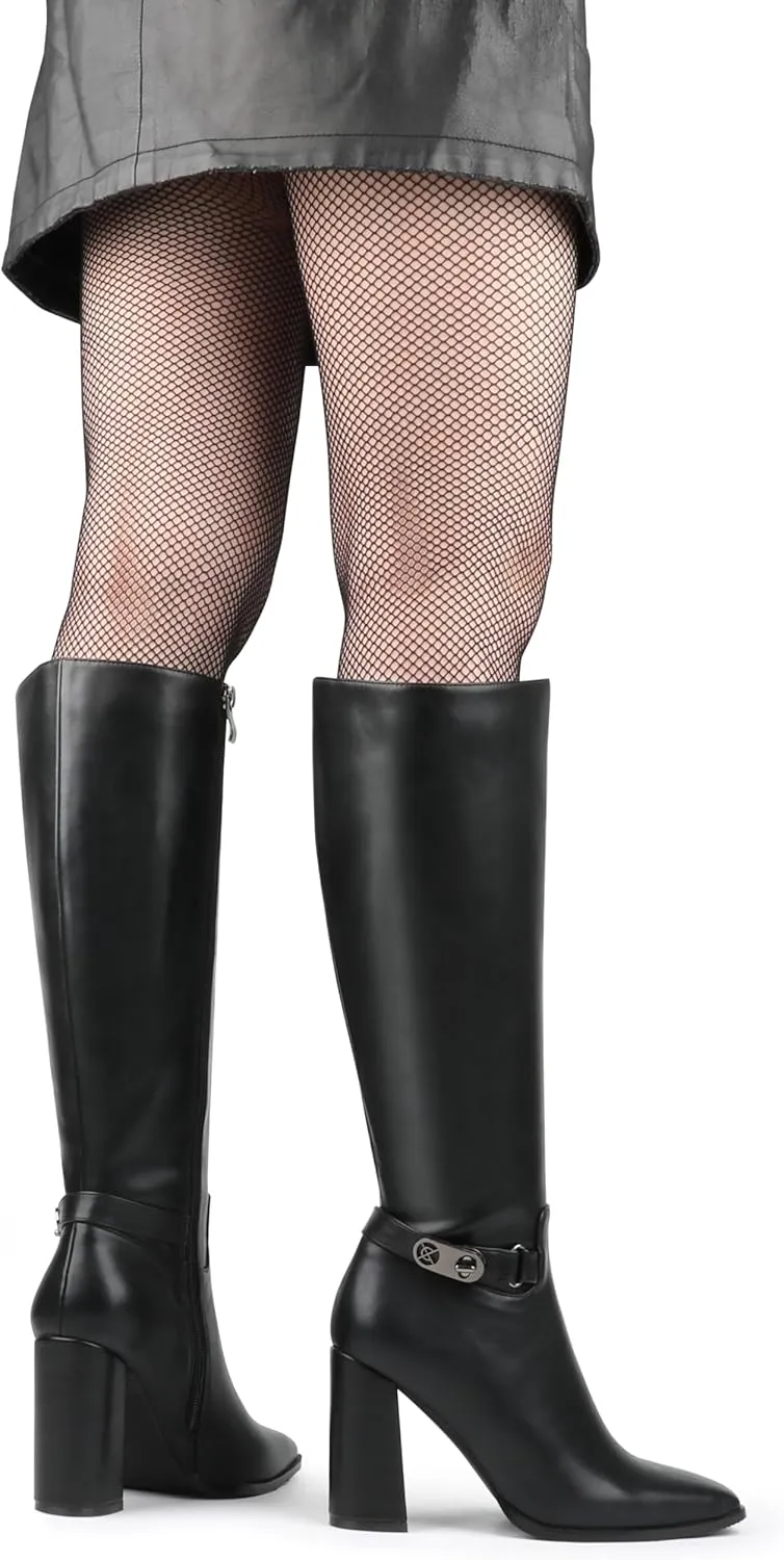 Zzheels Women's Knee High Boots Square Toe Chunky Knee Heeled Boots Long Boots for Women