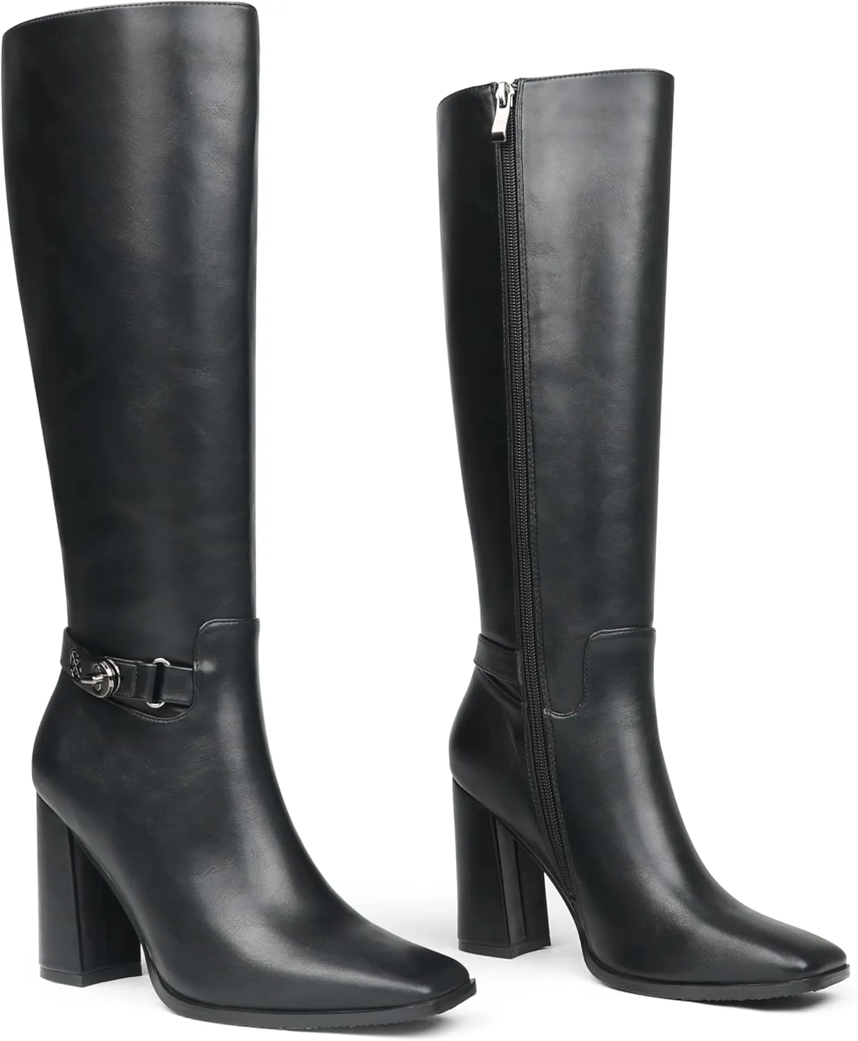 Zzheels Women's Knee High Boots Square Toe Chunky Knee Heeled Boots Long Boots for Women