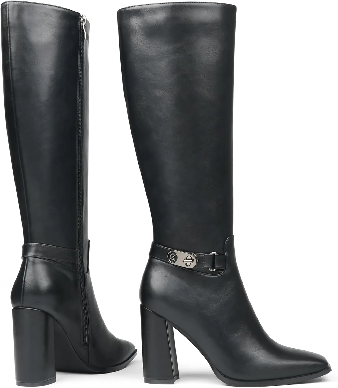 Zzheels Women's Knee High Boots Square Toe Chunky Knee Heeled Boots Long Boots for Women